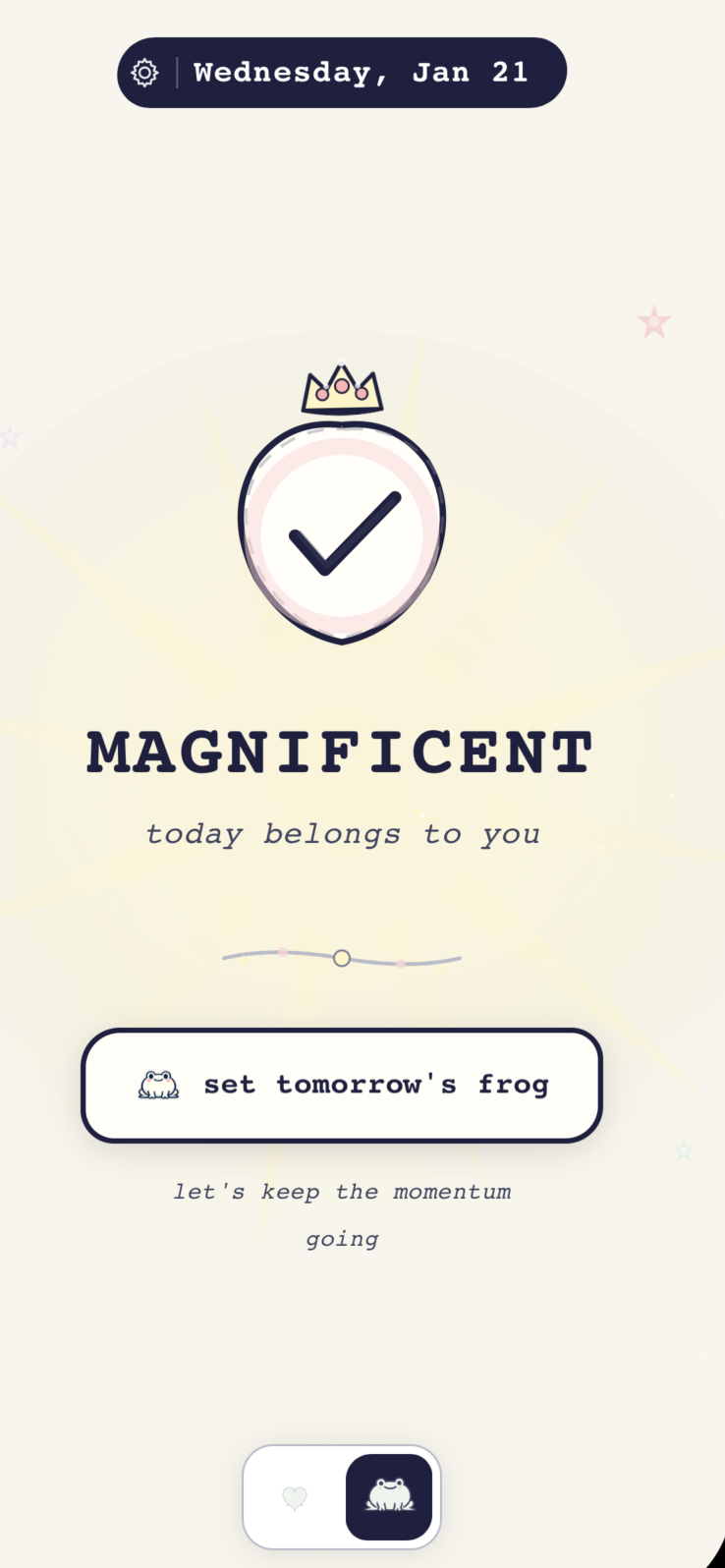 Eat The Frog completion screen celebrating a finished daily task
